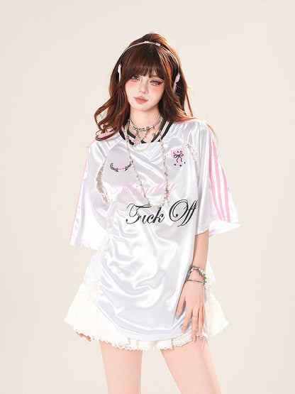 V-Neck T-Shirt Contrast Lace Patches Blokette Core Pink