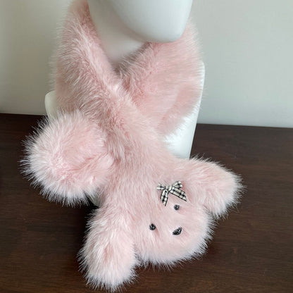 White Puppy-shaped Bow Detail Shaggy Scarf