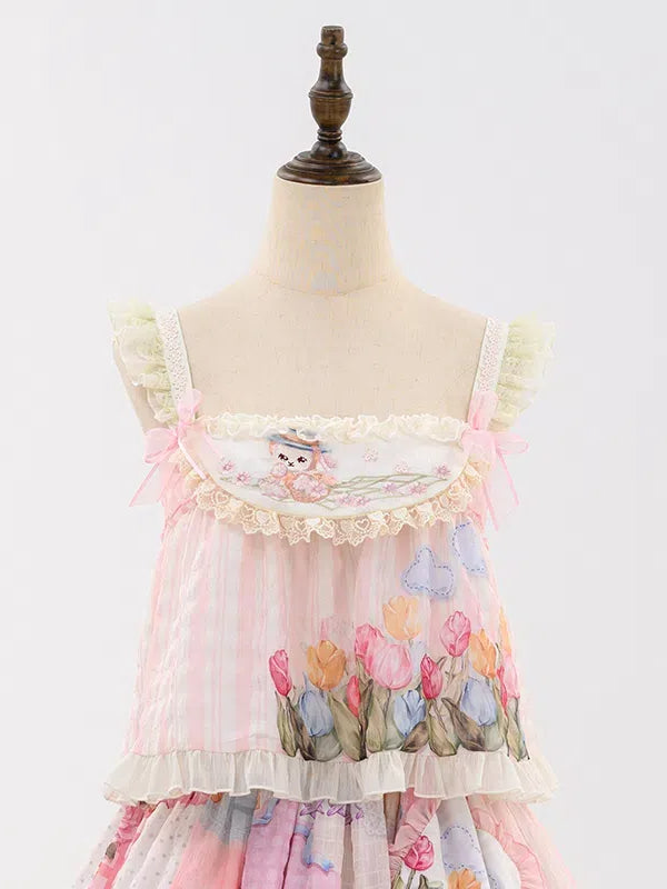 Haut tulipe rose clair brodé lapin