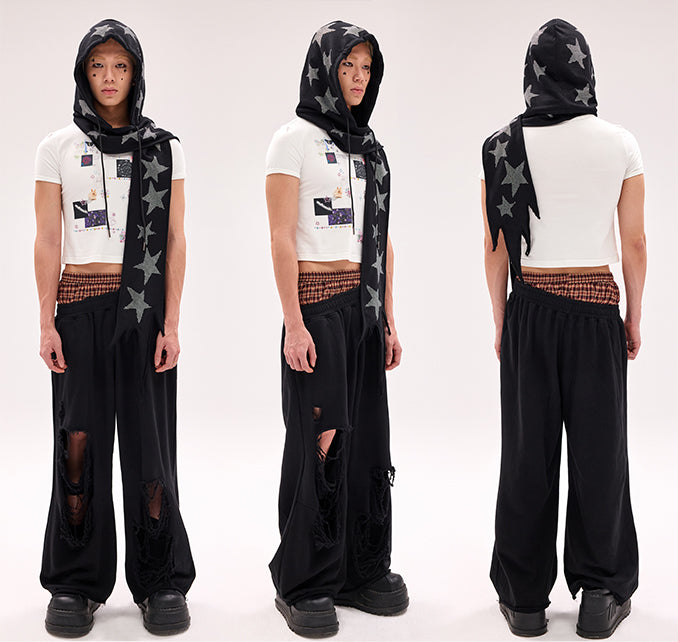 Black/White Star Rhinestones Hat and Scarf All-in-one