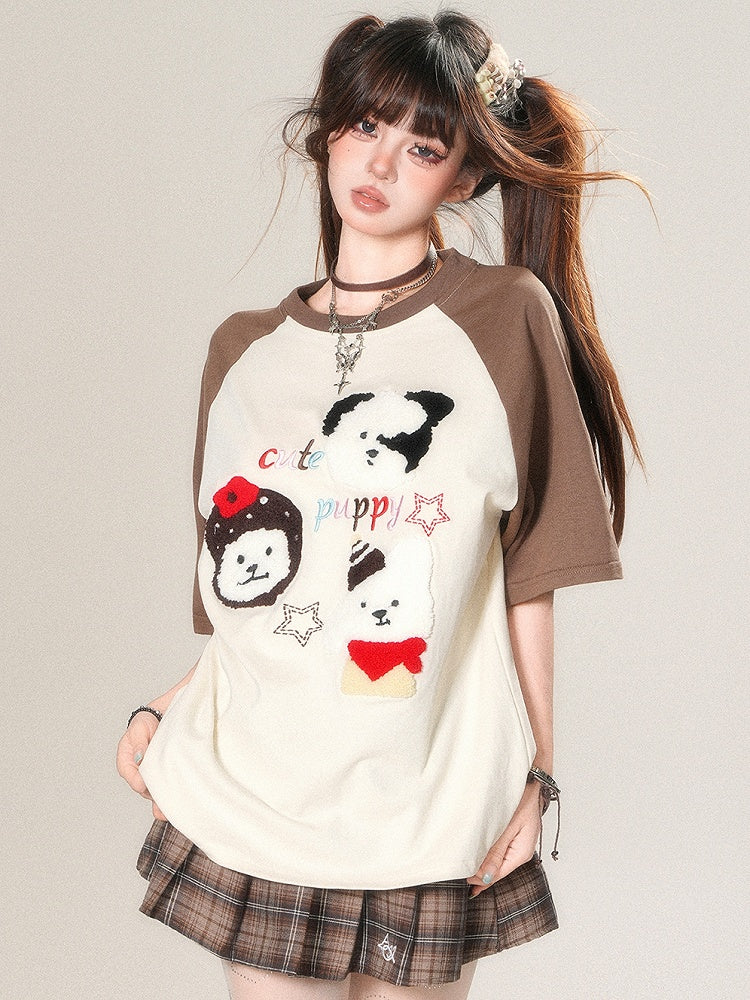 T-shirt Plush Kawaii Beige/Blue Puppy Letter Applique Embroidery Daily