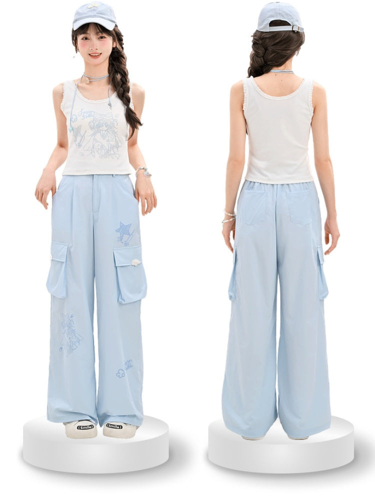 Loose Straight-Leg Pants Pockets Blue Anime Print Cargo