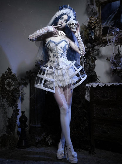 Half White Half Dusty Blue Corpse Bride Floral Corset Top