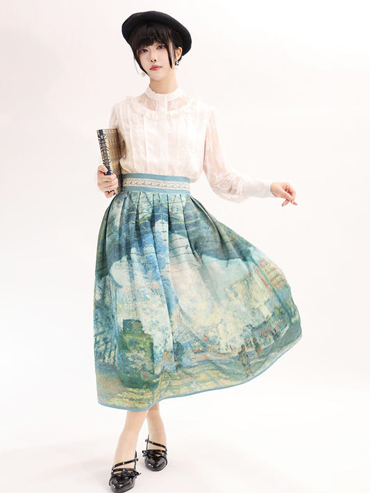 Saint-Lazare Oil Painting Print Green Waist Skirt Version Gare Long/Short High
