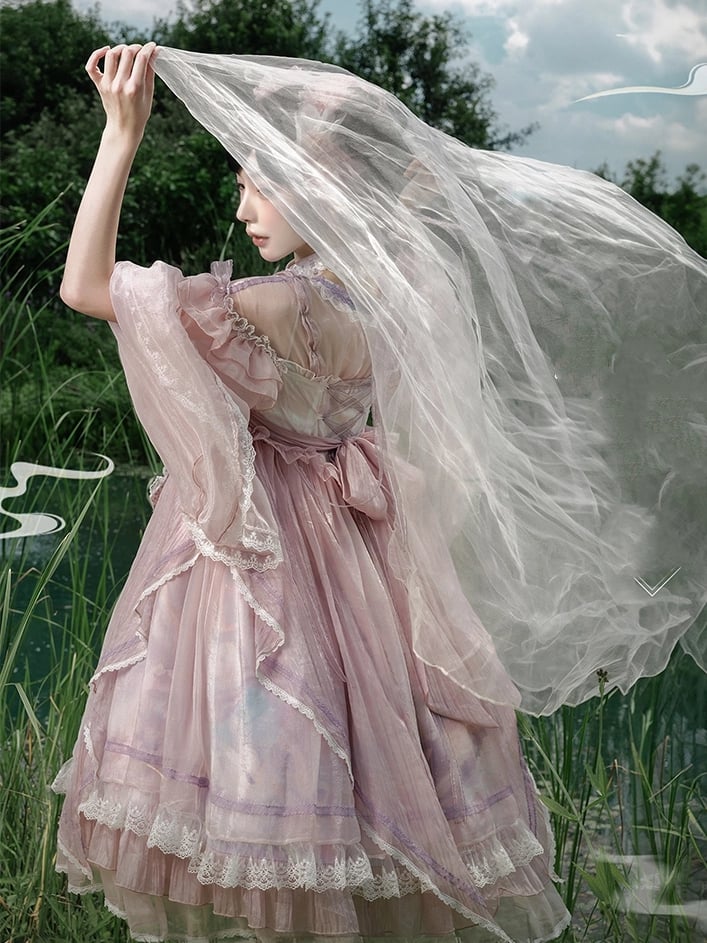 Han Bow Lolita Piece Long Pink-Purple Semi-sheer Print Sleeves Big Dress Whale Wide One