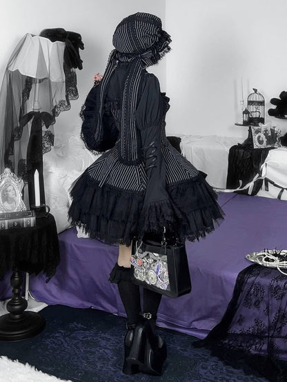Jupe pull gothique Lolita à double épaisseur avec nœuds rayés noirs