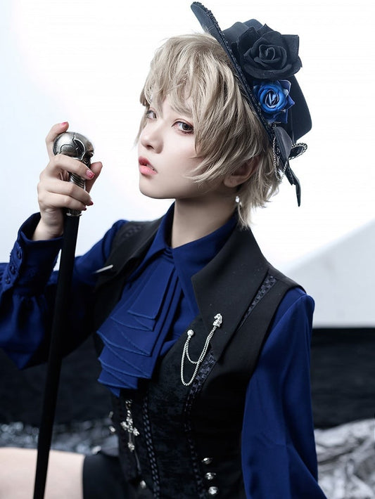 Lolita Ouji Hat Black and Flat Blue Roses