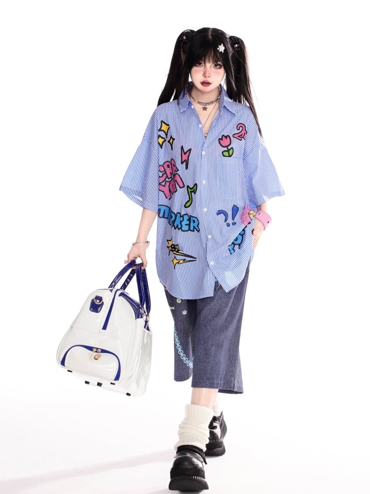 ヴィンテージ刺繍ブルーストライプシャツ 半袖