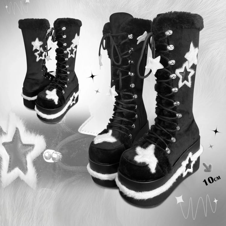 Fleece Star Patches Winter Black Platform Boots