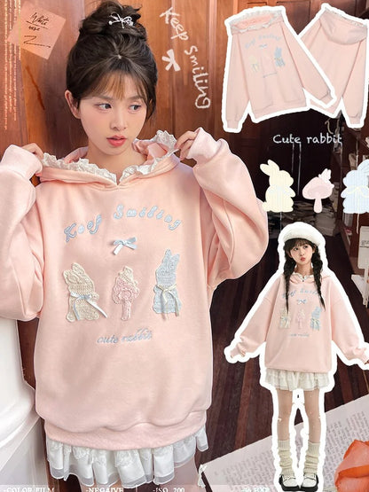 Pink Cute Crocheted Bunnies Details Fleece Lined Hoodie