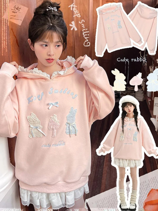 Pink Cute Crocheted Bunnies Details Fleece Lined Hoodie