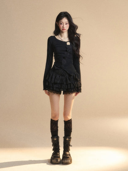 Round Glamorous Detail Black Knitted Neck Floral Embellished Cutout Top