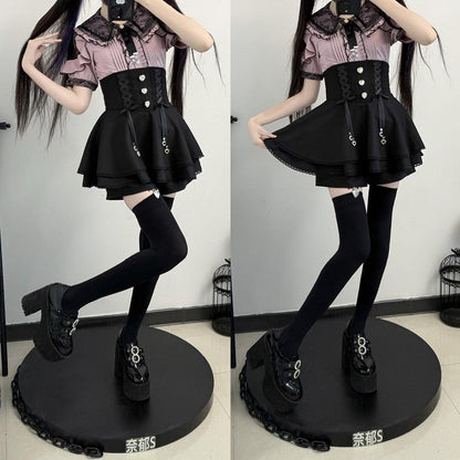 Schwarze Spitze, Double Kei Cutouts, Schleife, Blusenkragen im Jirai-Stil und Schulter lila