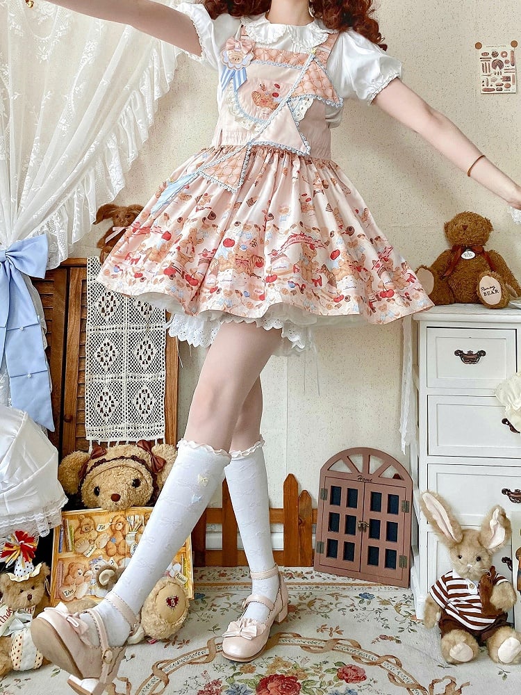 Beige Sweet Teddy Bear and Dessert Lolita Overall Dress