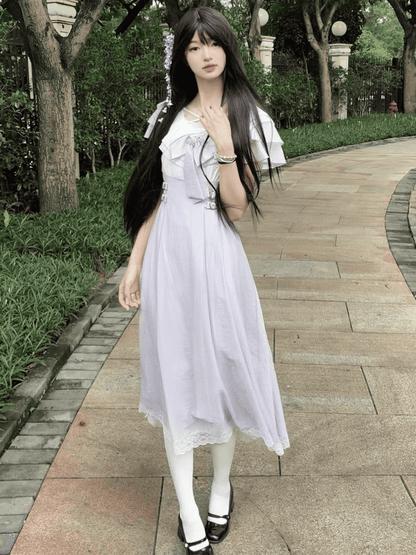 Hem Neckline Long with Version Dress Bowtie Jirai Kei Lavender Heart Buckles Waist Tiered Flounce