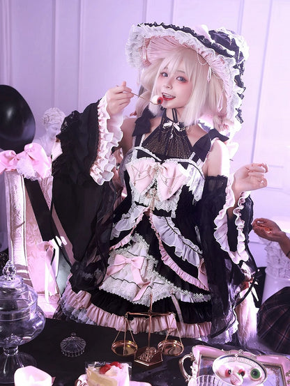 Black and Pink High Waist Sweet Witchy Dress Lolita Jumper Skirt Full Set