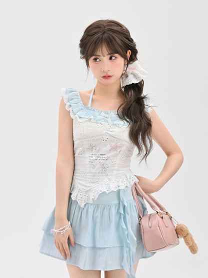 Curved Sleeves White Hem Sleeveless Top Starfish and Jellyfish Graffiti Flutter