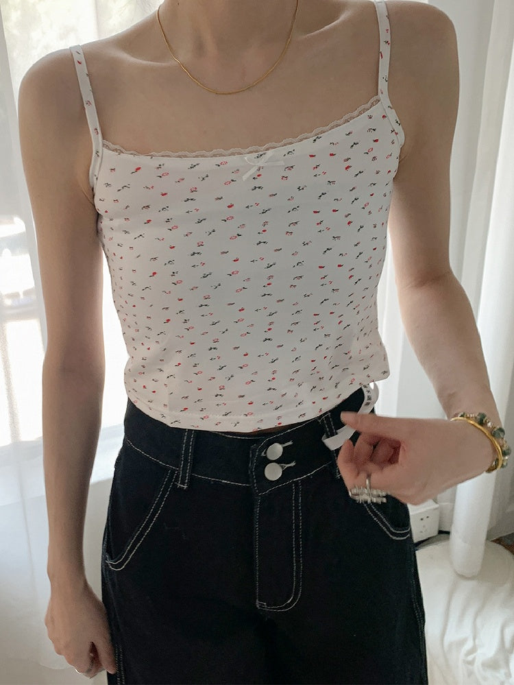 Top Beige/White Print Cami Floral Lace Trim Bowknot Decorated