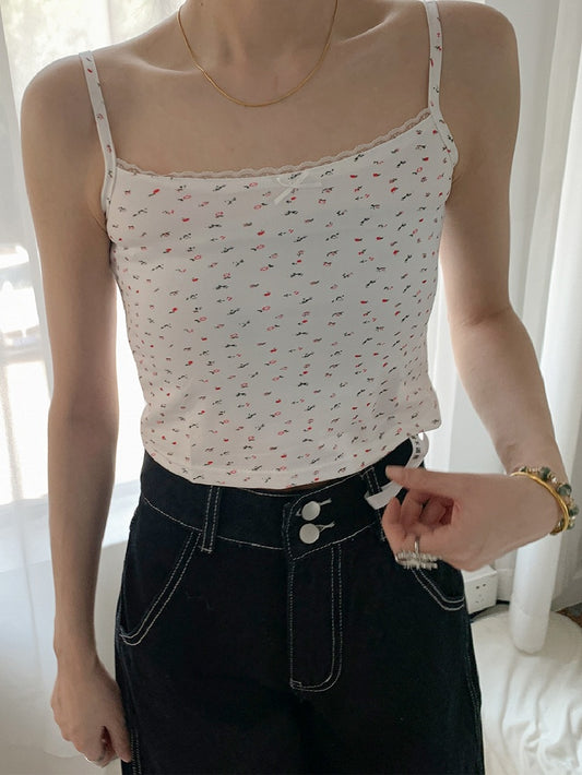 Top Beige/White Print Cami Floral Lace Trim Bowknot Decorated