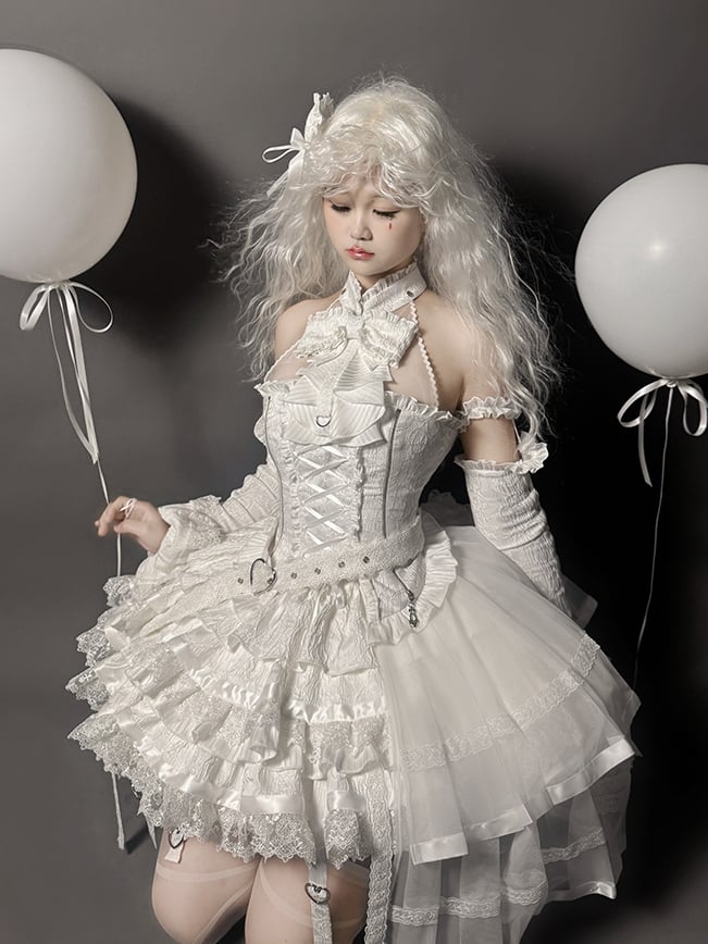 Set Halter Lolita Neck Sleeveless Gothic Skirt Tiered Full + Shiro White Top
