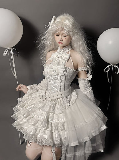 Set Halter Lolita Neck Sleeveless Gothic Skirt Tiered Full + Shiro White Top