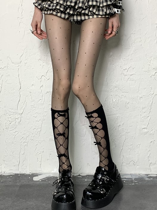 Black Pattern Polka-dot Tights Y2K