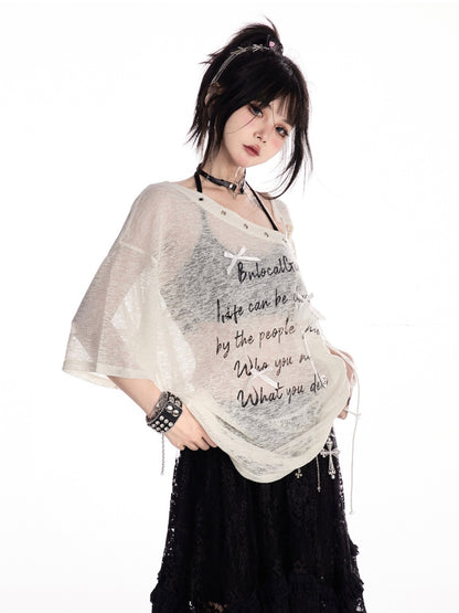 Apricot Lace-up Asymmetrical Neckline Letter Print Semi-sheer