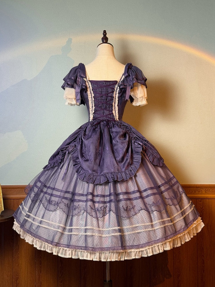 Purple Square Neckline Feather Jacquard Drawstring Skirt Classic Lolita Dress