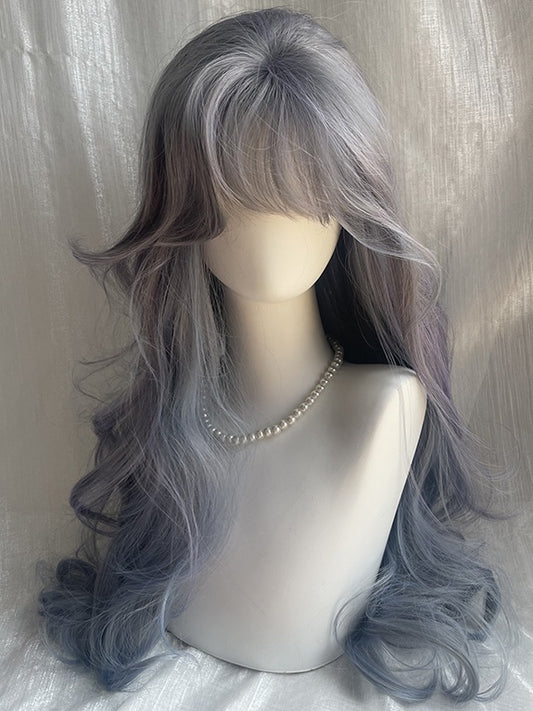 Dusty Purple Waist Length Wavy Synthetic Wig With Bangs