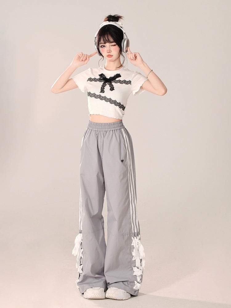 Straight-Leg pants with Lace-Up Side Detailing Gray Preppy