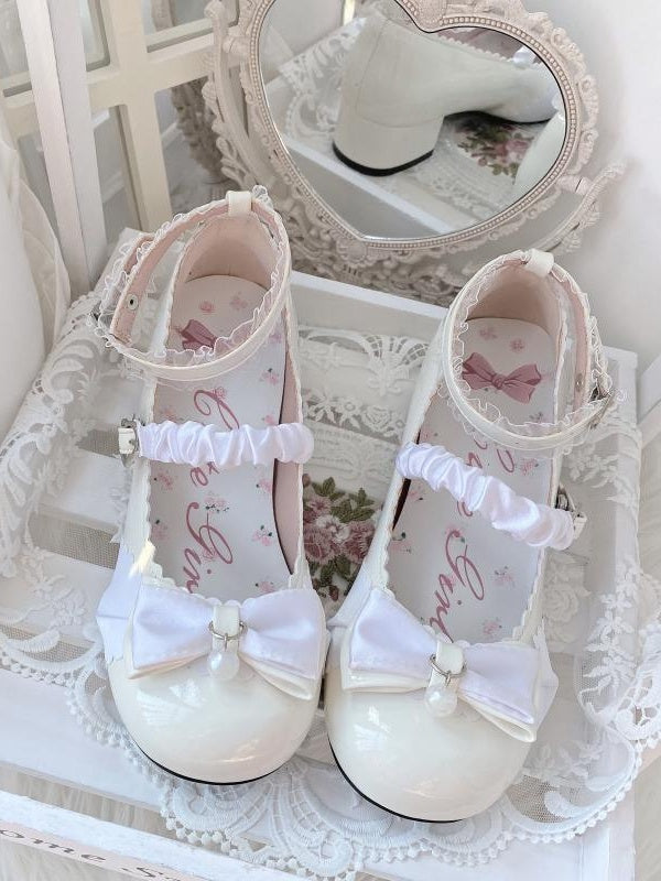 Milk White Bowknot Heart Buckle Strap Lace Details Block Heel Lolita Mary Janes