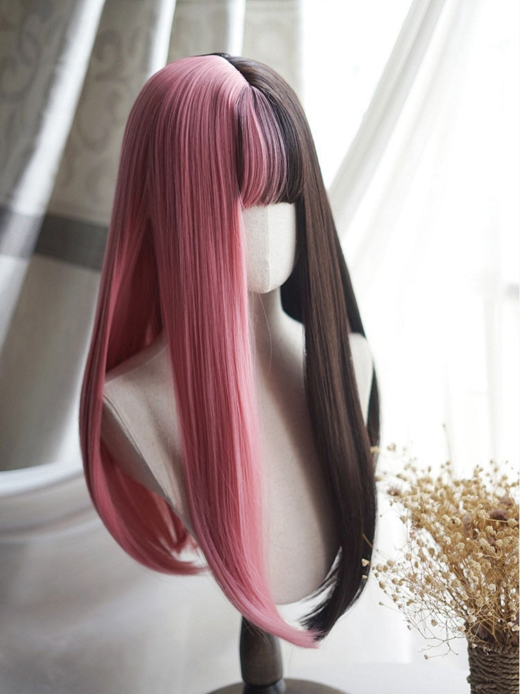 Pink&Black Split Color Waist Length Straight Wig With Full Bangs