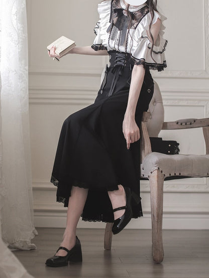 Lace-up Front High Waist Mermaid Skirt with Jirai Kei Black