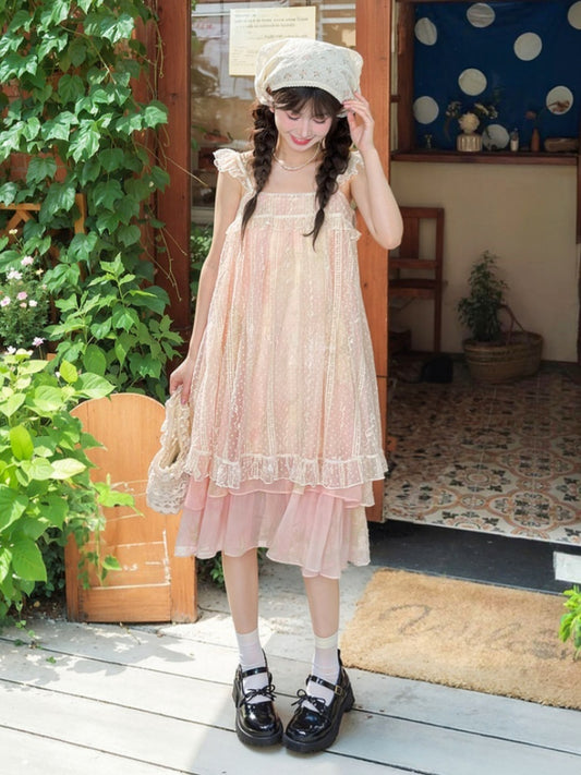 Sleeves Neck Tiered Slip Skirt Polka-dot Dress+Flutter Overdress Yume Kawaii Pink Set-	Halter Two-pieces