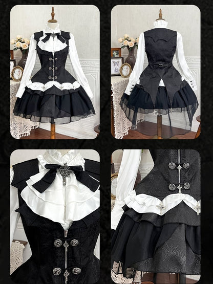 White and Black Gothic Lolita Outfit Shirt + Cross Charms Curved Hem Waistcoat + Spider Web Fabric Skirt Full Set