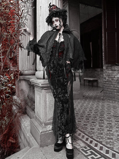 Goth Quasten Saum Spitze Vampir Ständer Schwarz Kragen Cape Schal
