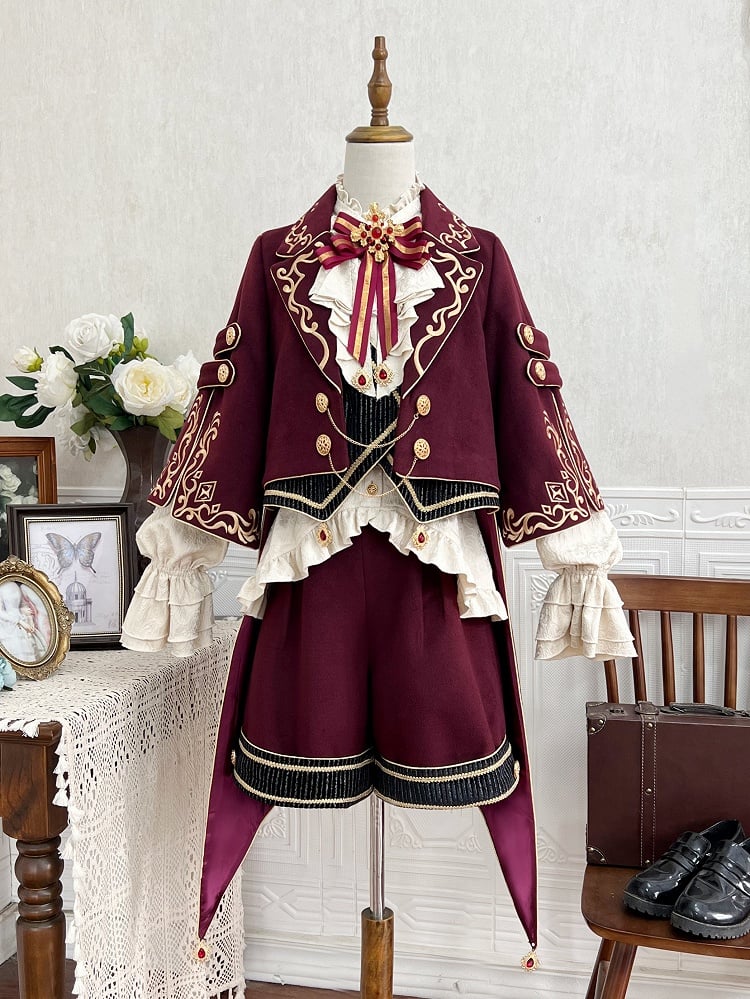 Tenue Lolita Gryffondor Ouji rouge : chemise à manches longues + manteau queue d'hirondelle rouge + short coupe droite