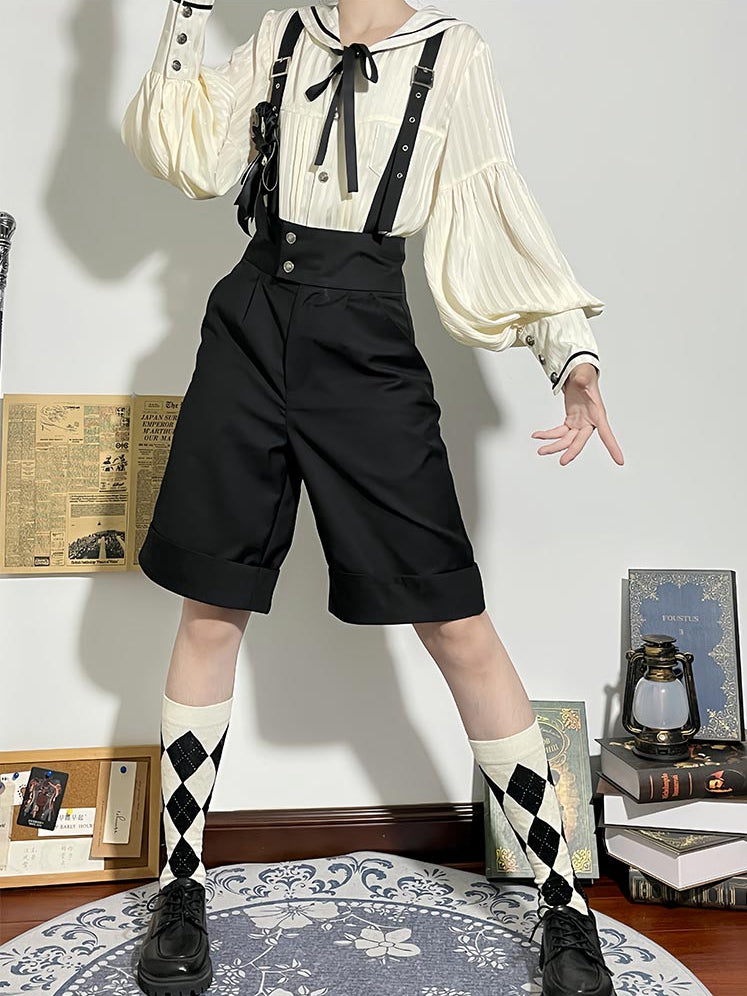 Ouji with Apricot Long Shorts Straight-leg Fashion Shoulder + Collar Lolita Outfit Straps Sailor Sleeves Shirt - Black
