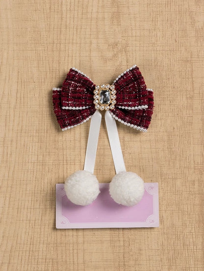 Jirai Kei Pompoms and Rhinestone Adorned Beaded Tweed Bowknot Hairclip