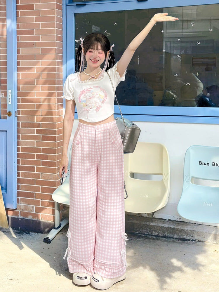 Pink Plaid High Waist Lace Bowknots Wide-Leg Pants Version Regular/Short