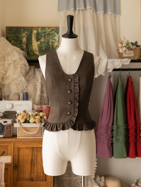 Brown Ruffle Trimming Front Button Placket Waistcoat