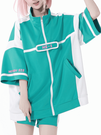 Ellbogenlange Ärmel Jirai Kei Reißverschluss-Sweatshirt Grün Landmine Style Weiß