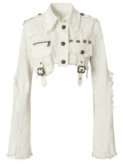 Studs Buckle Decorated And Wasteland Cropped White Punk Jacket