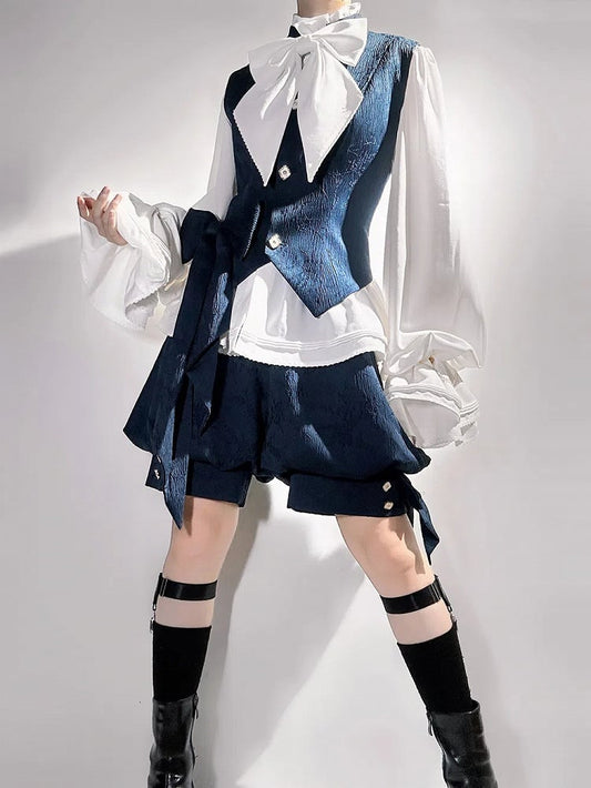 Blue Fashion Ouji Collar Jacquard Waistcoat Prince Style Banded
