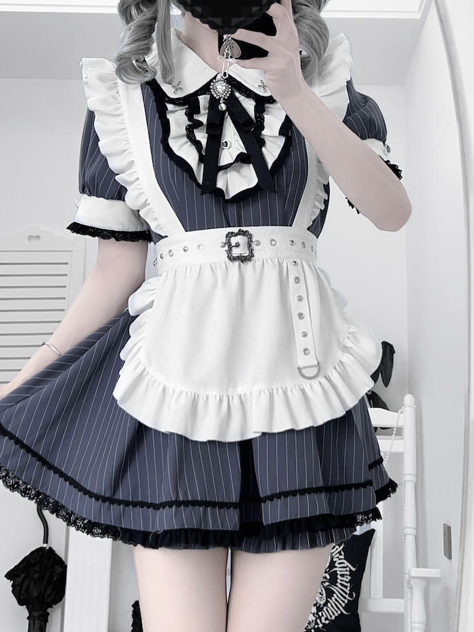 Set Collar Dark Peter Blue Top Pan Kei Stripes Maid Shorts Jirai with