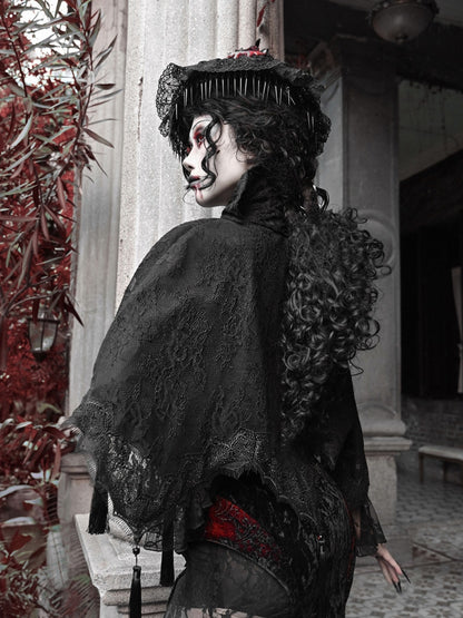 Goth Quasten Saum Spitze Vampir Ständer Schwarz Kragen Cape Schal