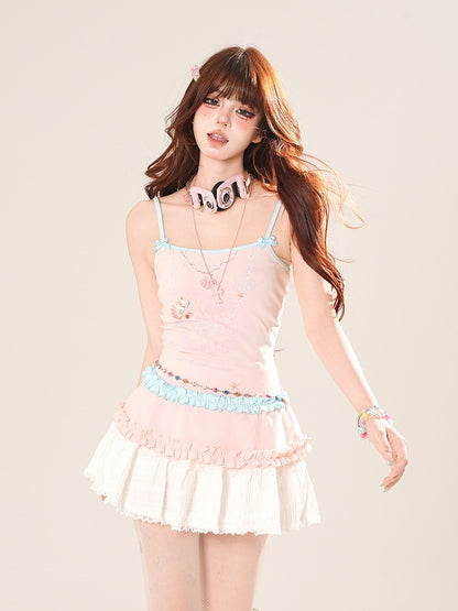 Heart Print Ruffle Trim Cami Top White/Pink