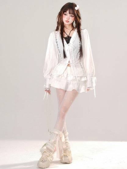 White Lace-up Placket V-neck Lace Blouse Balloon Sleeves