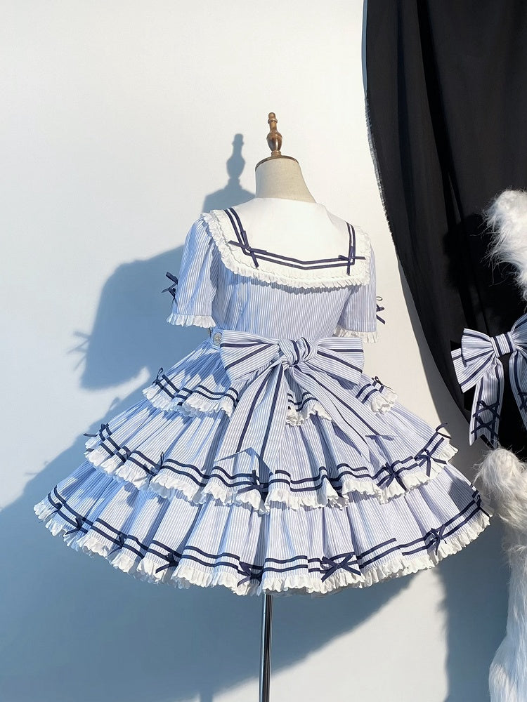 Striped Blue with Sleeves Detachable Lolita Collar Summer Dress Short Sailor