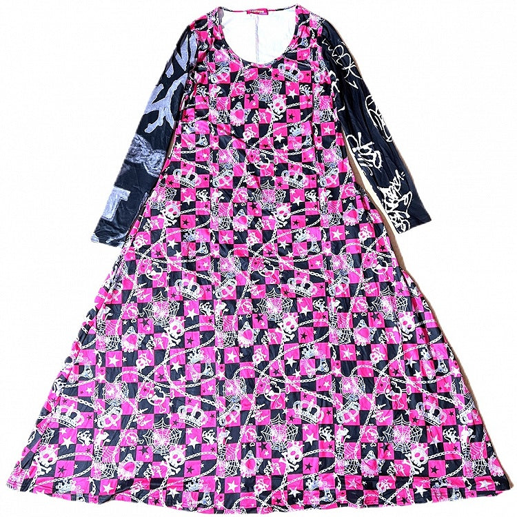 Checked BlackPink Web Skeleton Dress Y2K Pattern Spider A-line And Print Crown